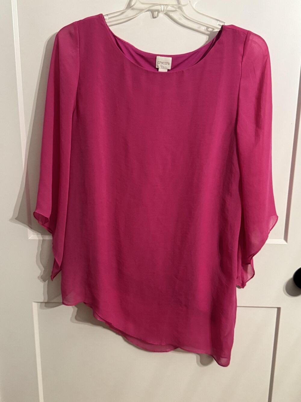 Chico's Tunic Blouse Sz 1 Pink Chiffon Scoop Neck Kimono 3/4 Sleeve Sheer vaca